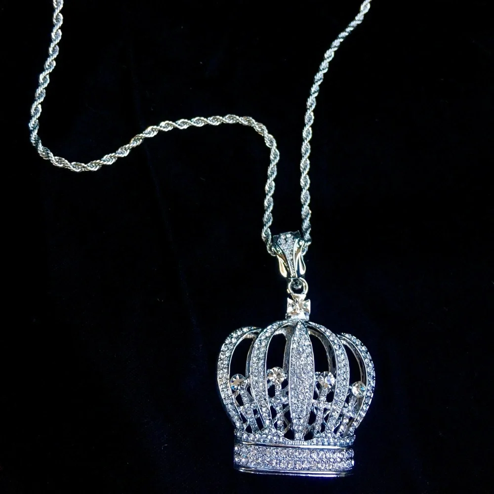 NEW BIG CROWN 18K WHITE GOLD DIAMONDS CZ CHAIN NECKLACE MADE IN ITALY